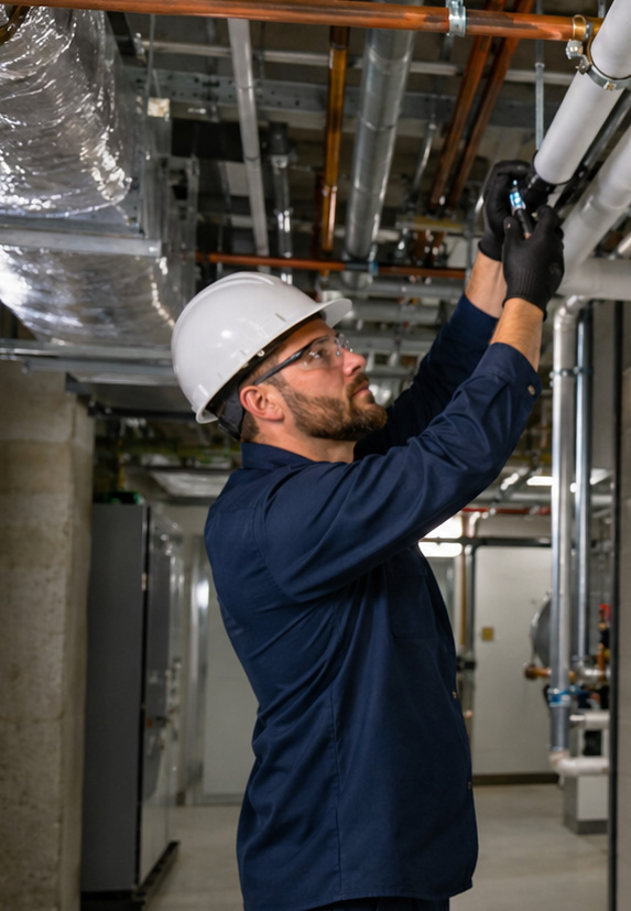 Commercial pipefitters working on plumbing and HVAC systems inside an industrial building