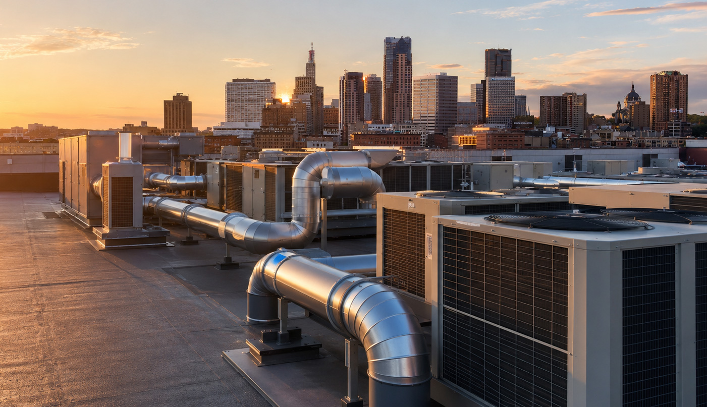 Rooftop commercial HVAC equipment at golden hour with the St. Paul skyline in the background